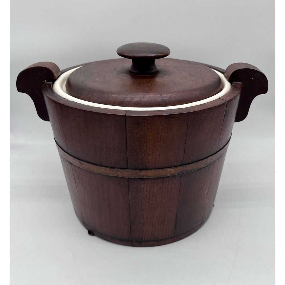 Antique Primitive Porcelain Lined Biscuit/Tobacco Jar/Ice Bucket Wooden Barrel